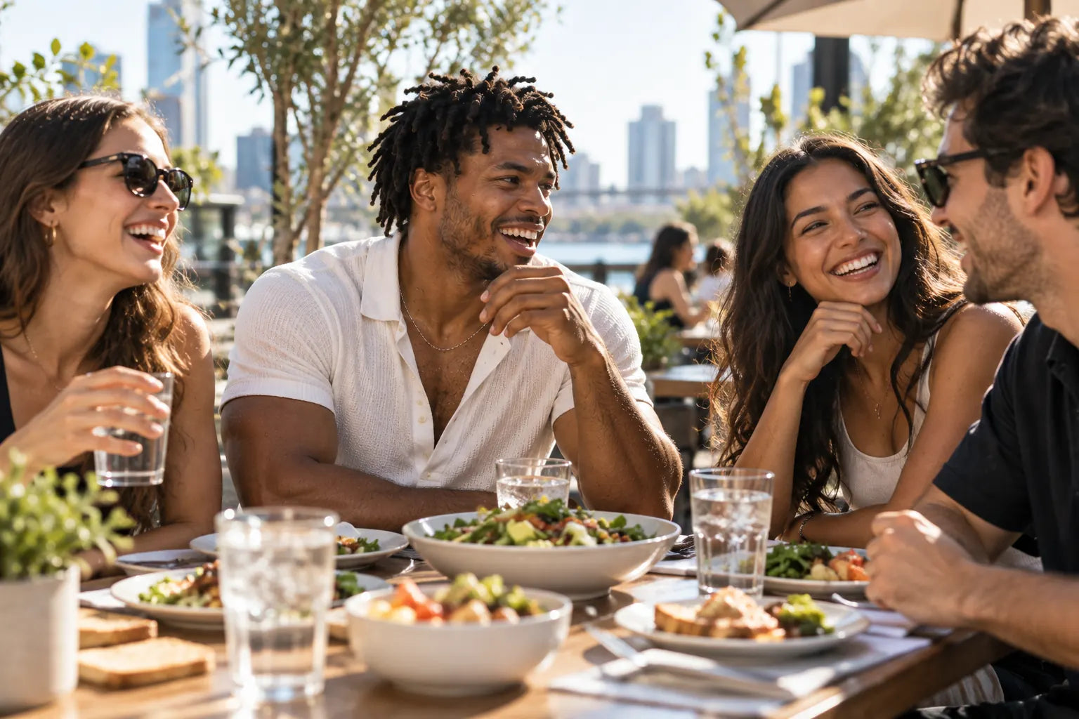 Friends catching up at an outdoor table