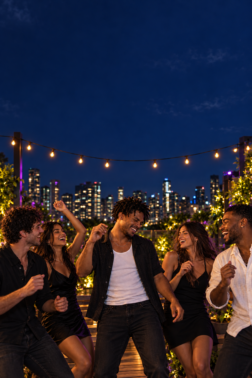Friends celebrating together at a rooftop party
