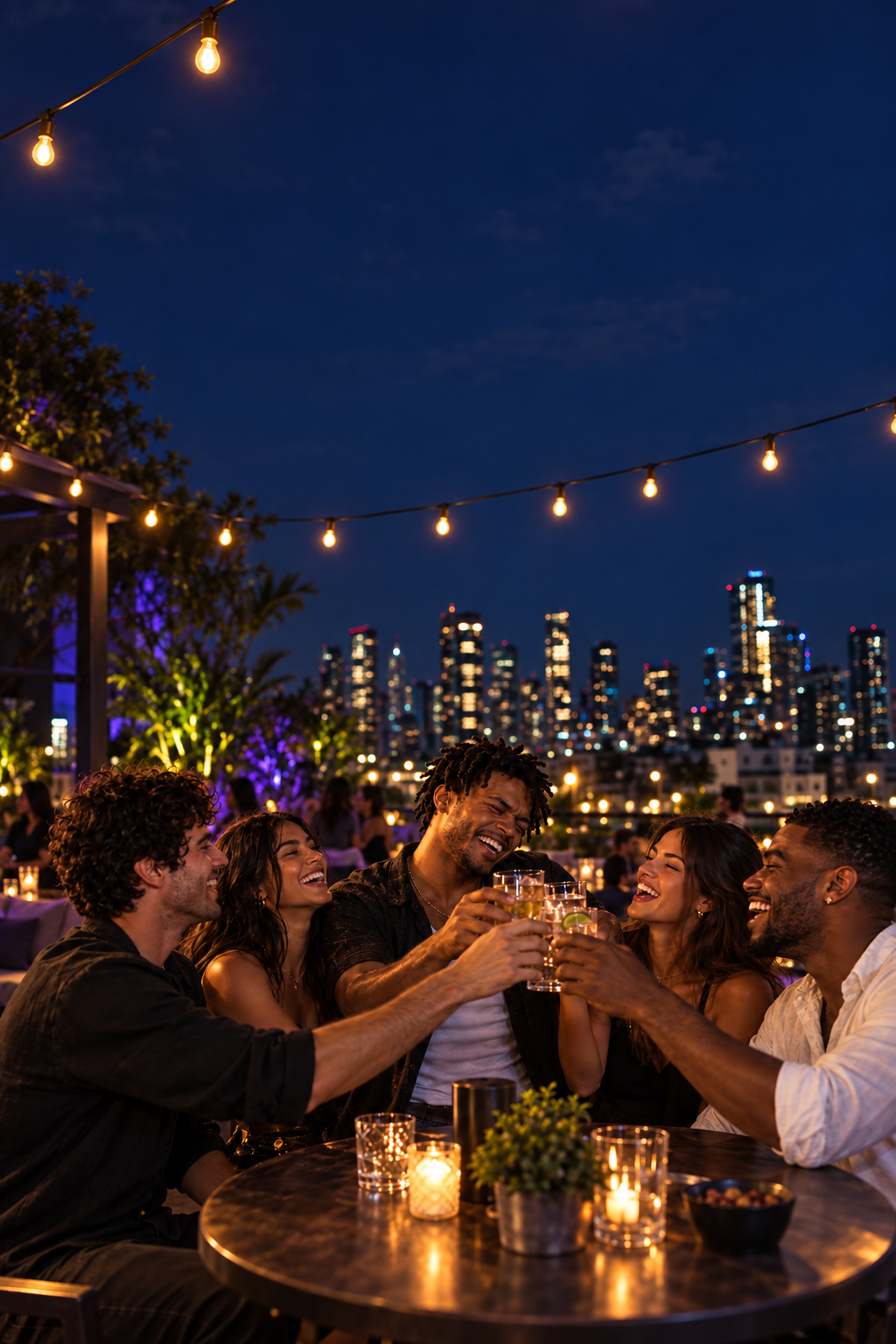 Friends celebrating together at a rooftop party