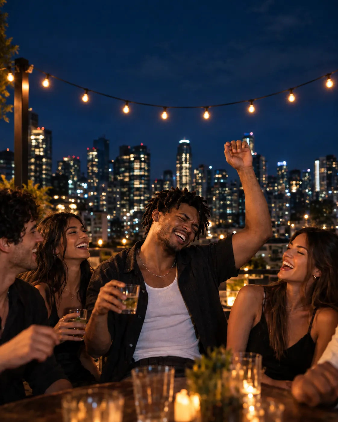 Friends celebrating on a rooftop above the city at night