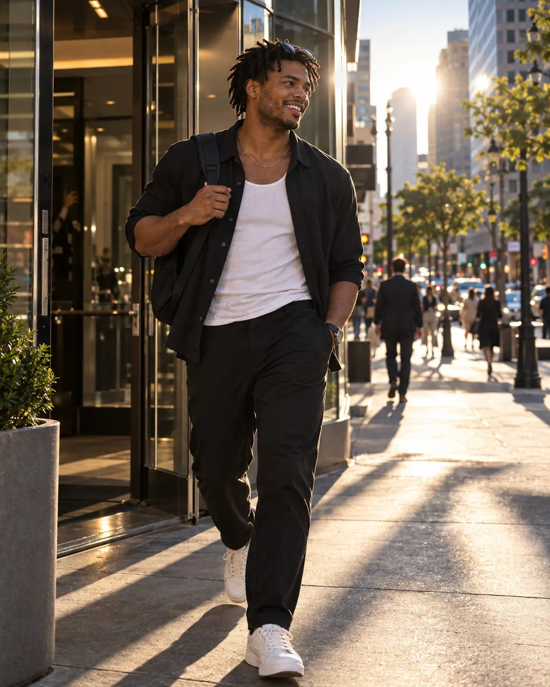A man heading out into the city in the morning